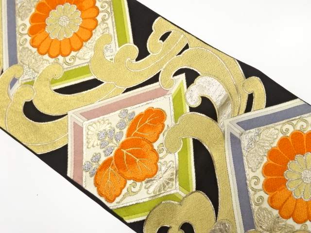 アンティーク　菱に荒波・菊・桐模様織り出し袋帯(着用可)